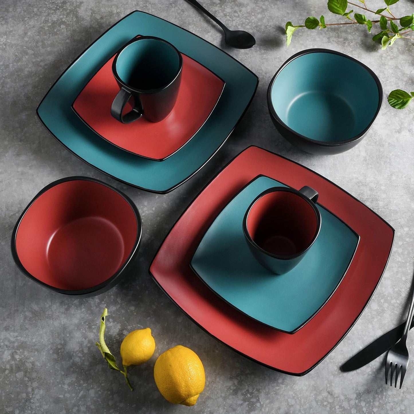 Gibson Elite Soho Lounge Square Reactive Glaze Stoneware Dinnerware Set, Service for 4 (16pc), Matte Jade