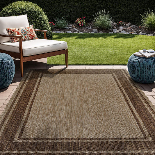 Beverly Rug Outdoor Rug 8x10 Modern Bordered Area Rugs for Indoor and Outdoor Patio Deck Porch Garden Waterproof Weather Sun Resistant Washable Outside Carpet (8 x 10 Jute)