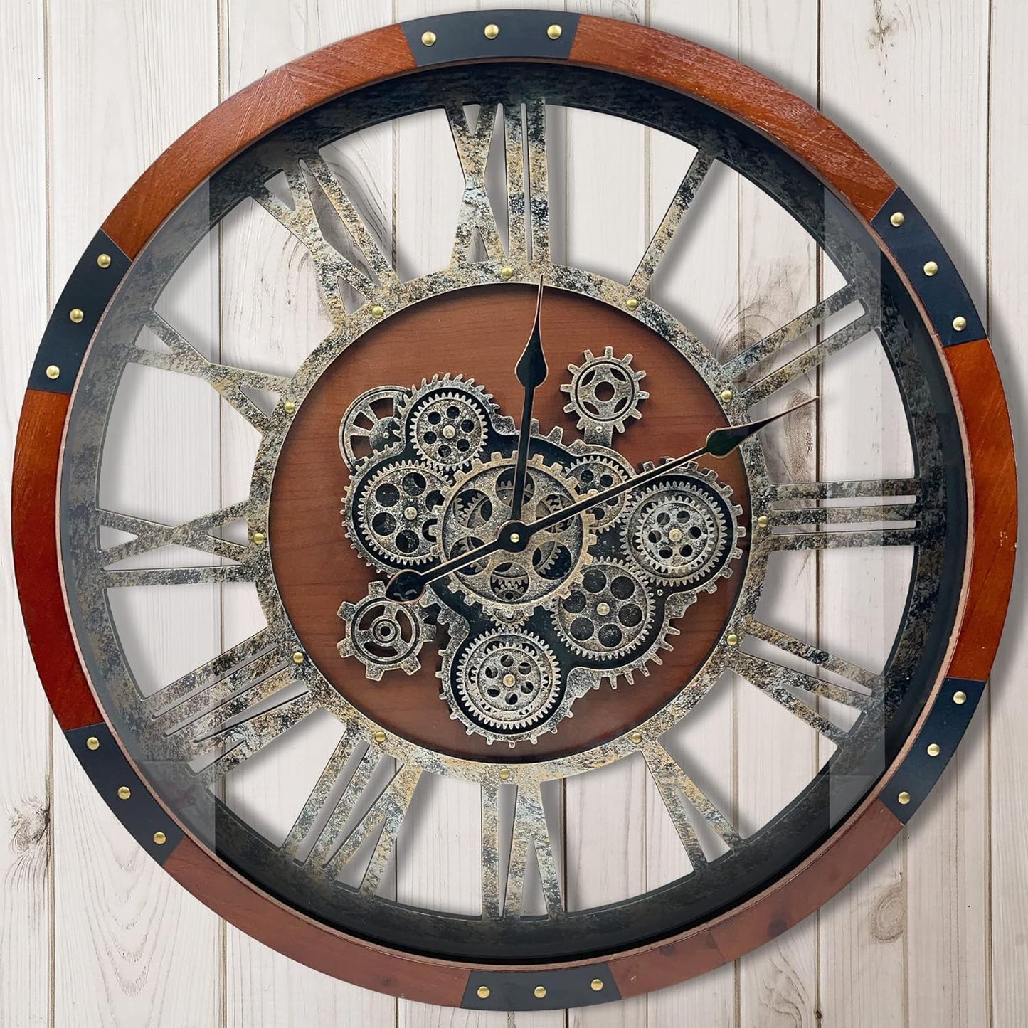 40” Oversized Moving Gear Wall Clock – Industrial Vintage Style, Silent Battery Powered