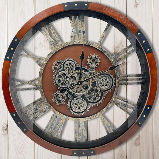 40” Oversized Moving Gear Wall Clock – Industrial Vintage Style, Silent Battery Powered
