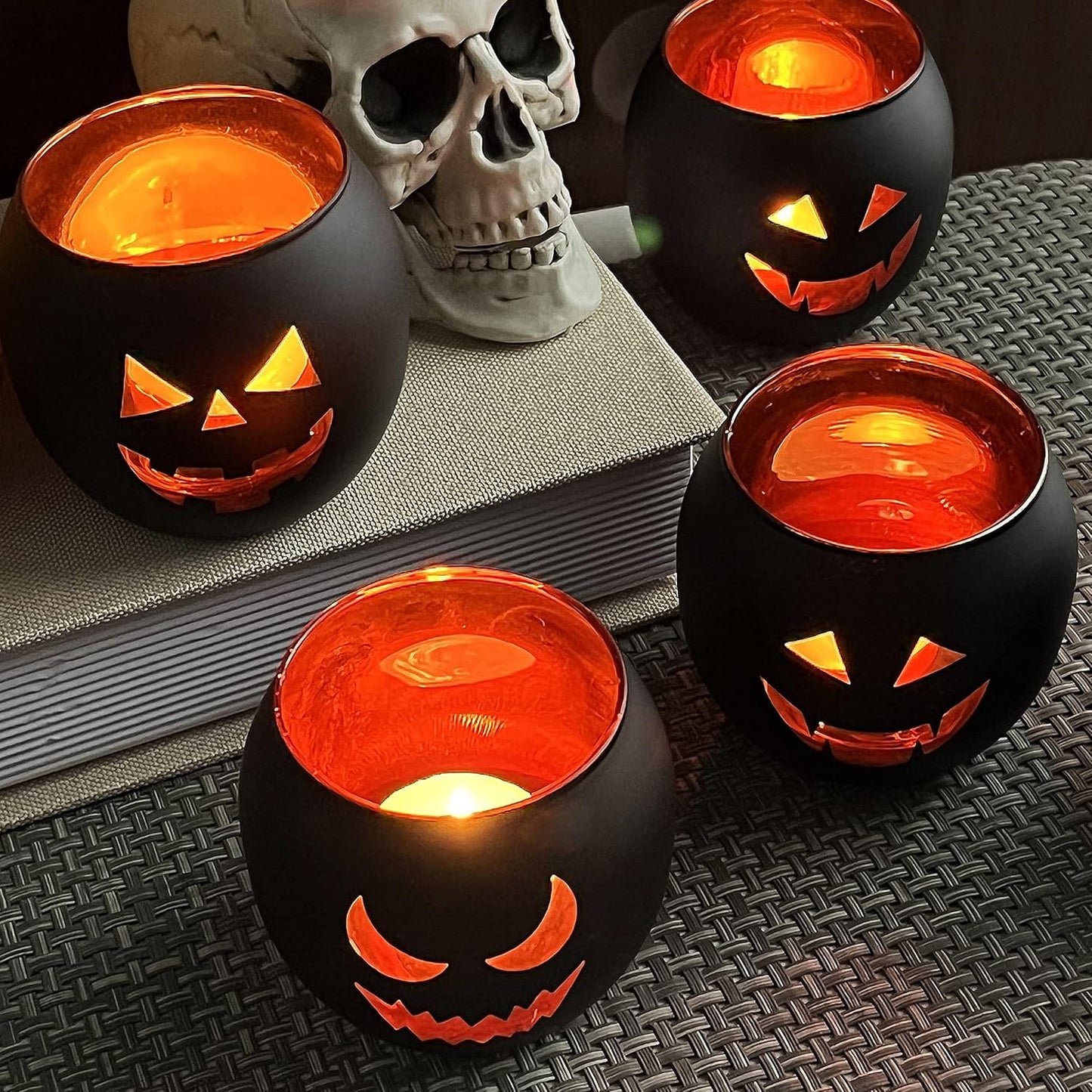 Halloween Table Centerpiece Candle Holders Set of 12, Black and Gold Glass Votive Holder with 6 Grimace, Tealight Holders Bulk for Halloween Party D?or