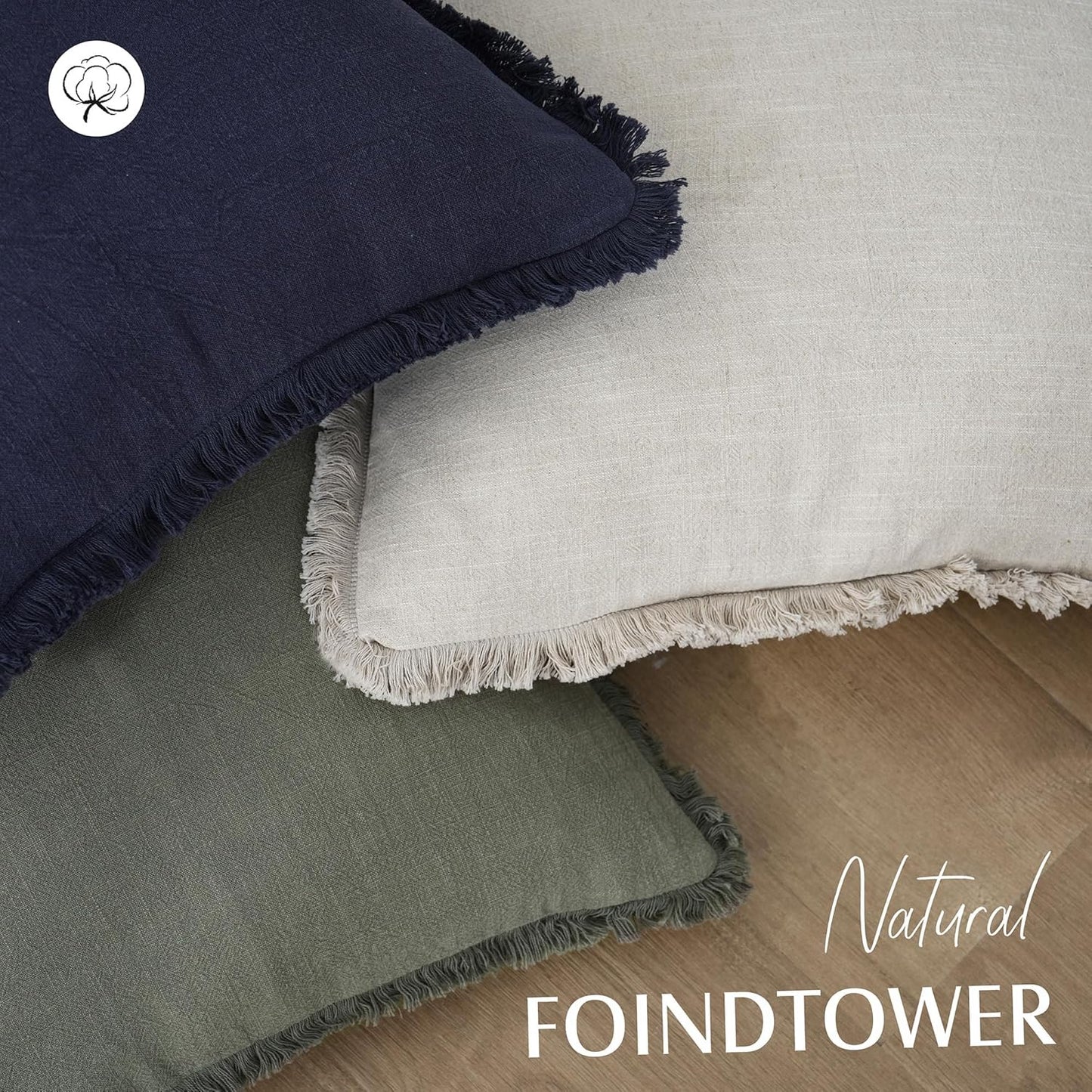 Foindtower Set of 2 Decorative Linen Fringe Throw Pillow Covers Cozy Boho Farmhouse Cushion Cover with Tassels Soft Accent Pillowcase for Couch Sofa Living Room Home Decor, 26×26 Inch, Natural Beige