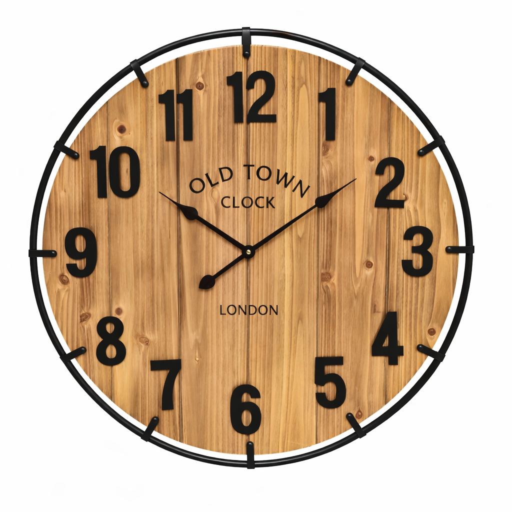 Large Old Town Farmhouse Wall Clock 30 Inches Rustic Antique Wood with Metal Circle and Large Numerals Silent Battery Operated Wall Clock for Office Kitchen Bedroom Living Room